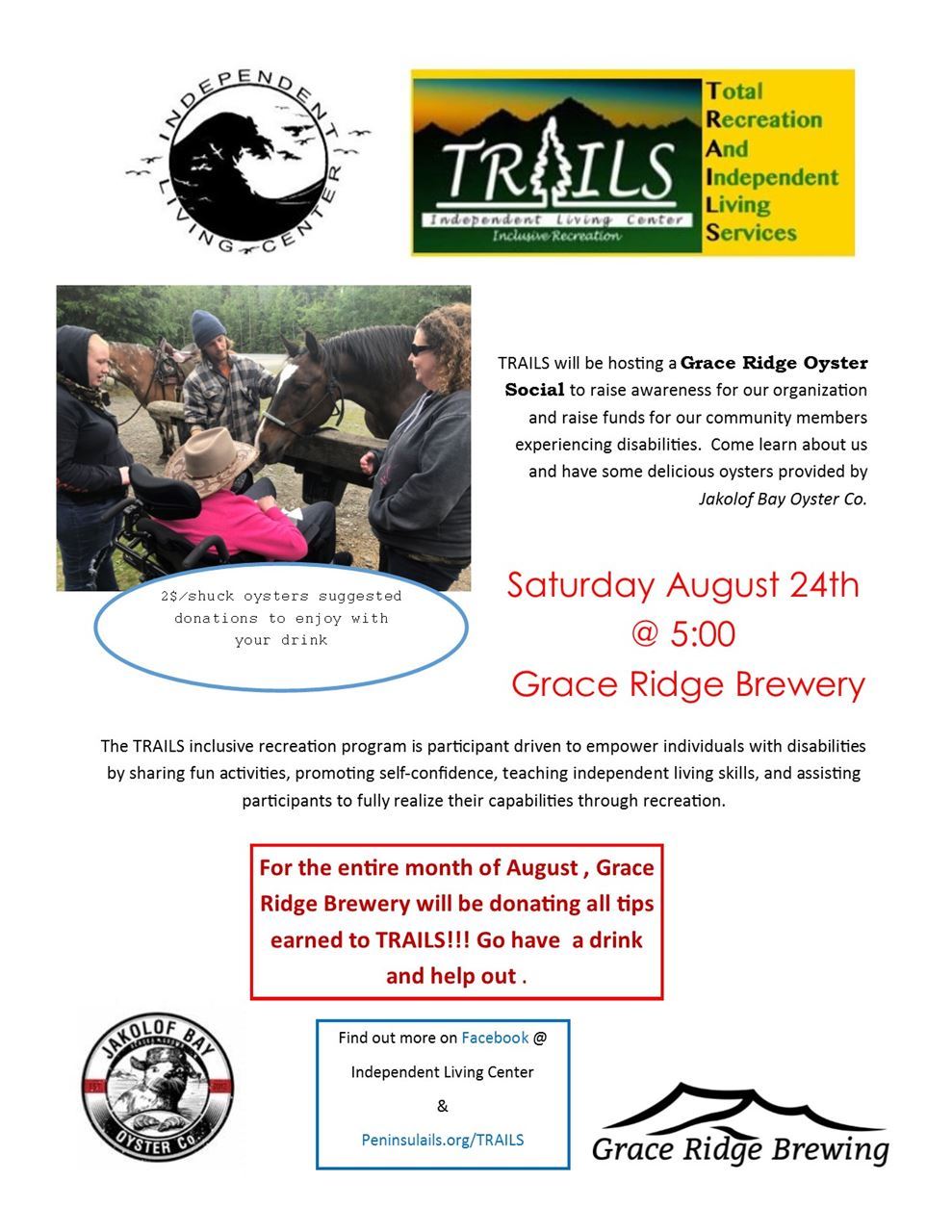 TRAILS Oyster Social At Grace Ridge Brewing Saturday August 24th at 500, August Tips at Grace Ridge Brewing support TRAILS