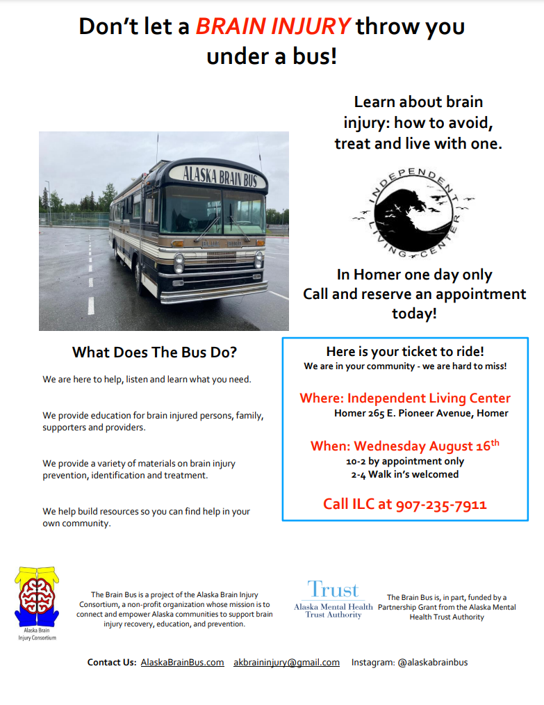 Homer Brain Bus printable flyer with the Bus parked in a space with overcast backdrop.