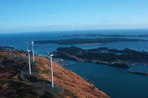 Wind turbines overlooking Kodiak harbor