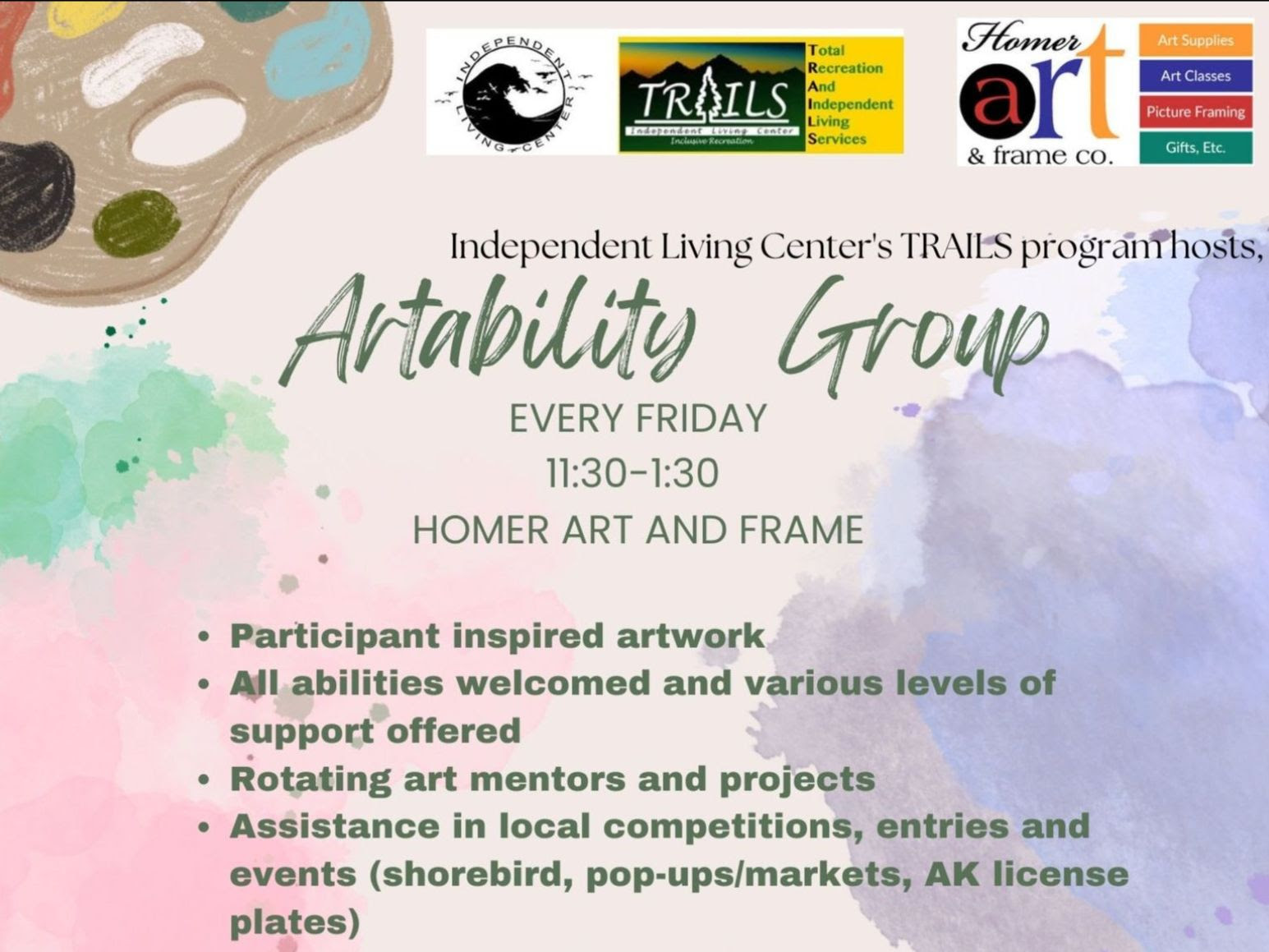 Printable flyer for Artibility Group including a painters palette above a water paint background. 
