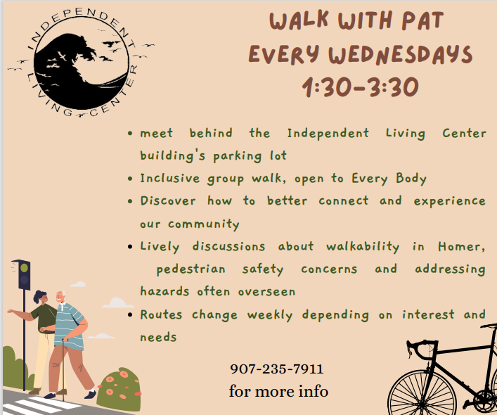 Banner with steps for meeting at ILC for walk with Pat.