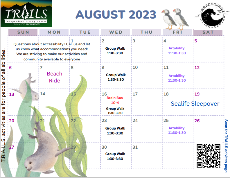 August newsletter with puffin's perched and seals swimming.