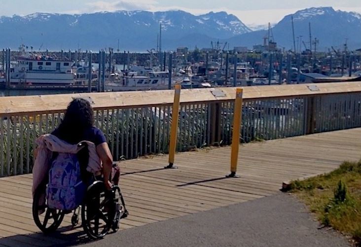 Mobility user on boardwalk overlooking Homer Harbor